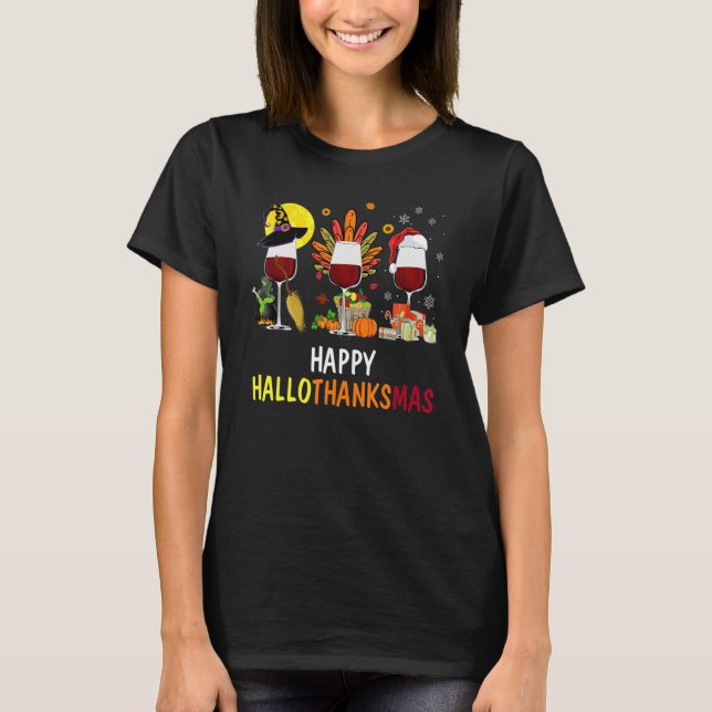 Happy Hallothanksmas Wine Glasses Witch Santa Hat  T-Shirt (Front)