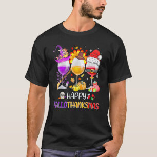 Happy Hallothanksmas Wine Glasses Witch Santa Hat  T-Shirt