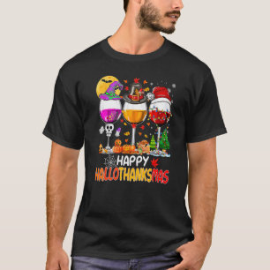 Happy Hallothanksmas Wine Glasses Witch Santa Hat  T-Shirt