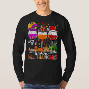 Happy Hallothanksmas Wine Glasses Witch Santa Hat T-Shirt