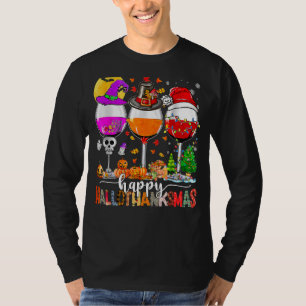 Happy Hallothanksmas Wine Glasses Witch Santa Hat  T-Shirt