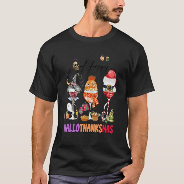 Happy Hallothanksmas Wine Glasses Witch Santa Hat  T-Shirt (Front)