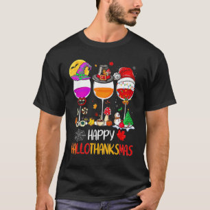 Happy Hallothanksmas Wine Glasses Witch Santa Hat  T-Shirt