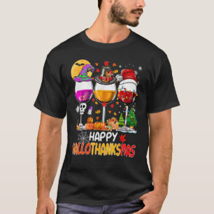 Happy Hallothanksmas Wine Glasses Witch Santa Hat T-Shirt
