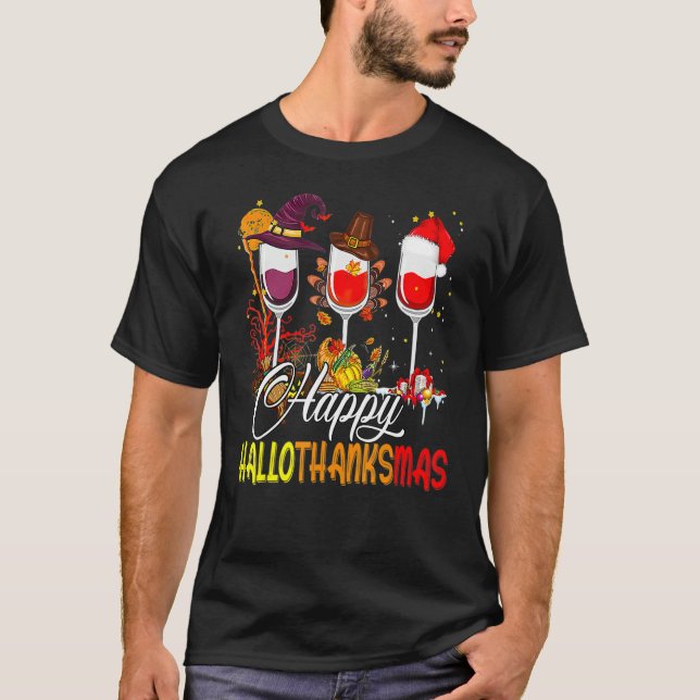 Happy Hallothanksmas Wine Glasses Witch Santa Hat  T-Shirt (Front)