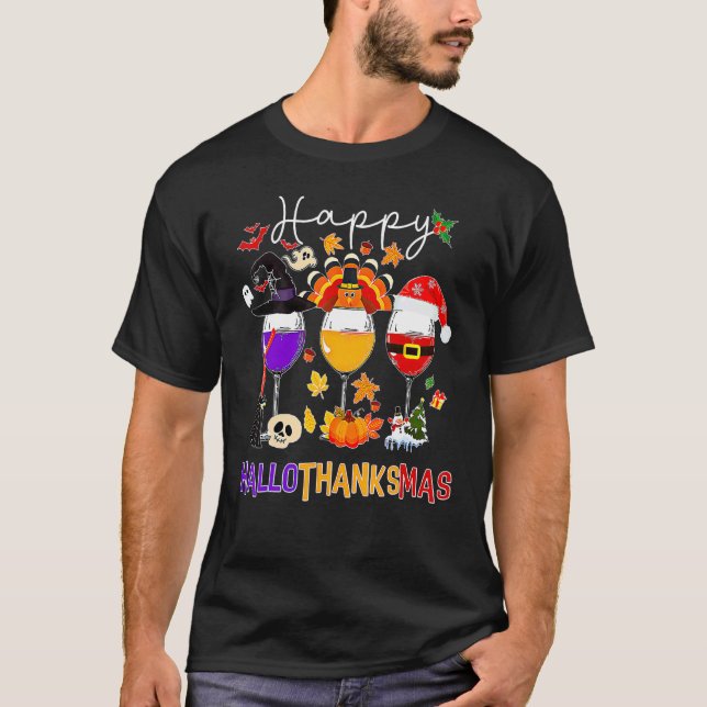 Happy Hallothanksmas Wine Glasses Witch Santa Hat  T-Shirt (Front)