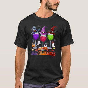 Happy Hallothanksmas Wine Glasses Witch Santa Hat T-Shirt