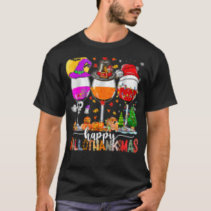 Happy Hallothanksmas Wine Glasses Witch Santa Hat  T-Shirt