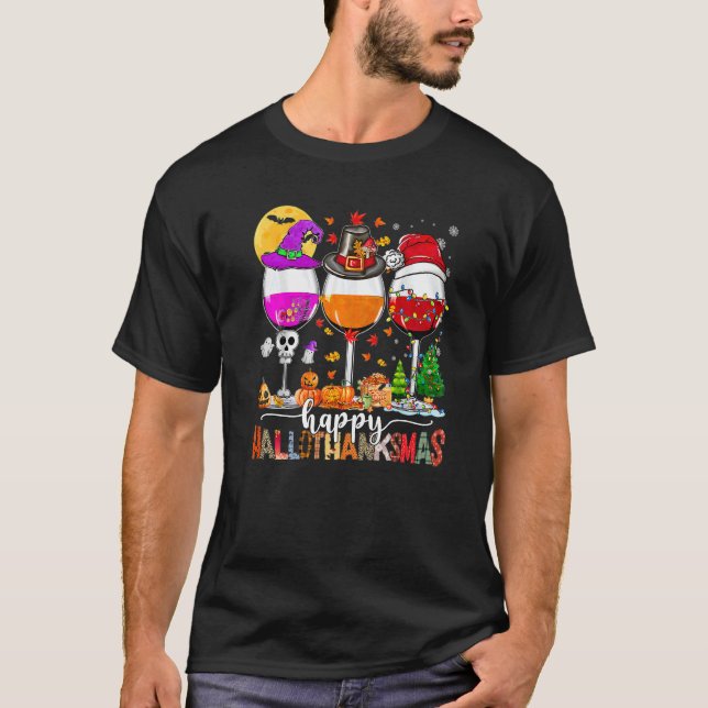 Happy Hallothanksmas Wine Glasses Witch Santa Hat  T-Shirt (Front)