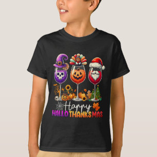 Happy Hallothanksmas Wine Halloween Thanksgiving C T-Shirt