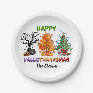 Happy Hallothanksmas with trees Paper Plate