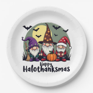 Happy Hallothanksmas Xmas Halloween Gnomes Paper Plate