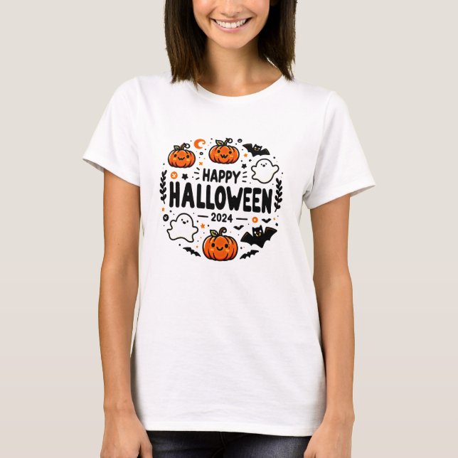 Happy Halloween 2024 Cute Pumpkin, Ghost, and Bat  T-Shirt (Front)