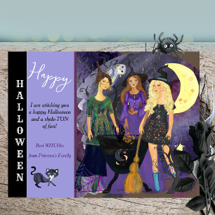 Happy Halloween 3 Witches Whimsical Illustration Holiday Postcard