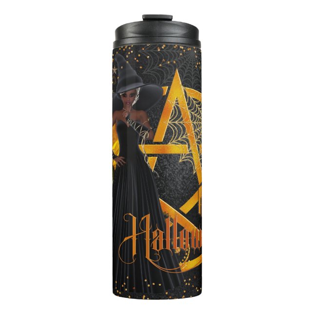 Happy Halloween African American Golden Witch Thermal Tumbler (Front)