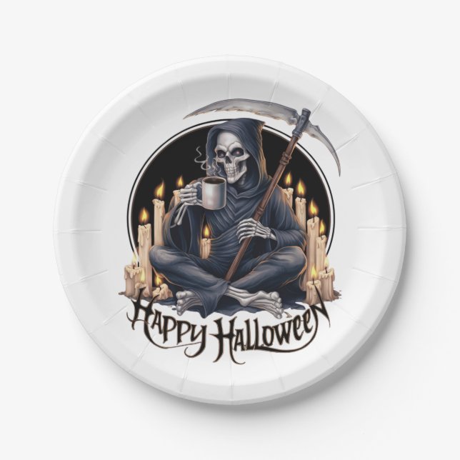 Happy Halloween and a skeleton  Paper Plate (Front)