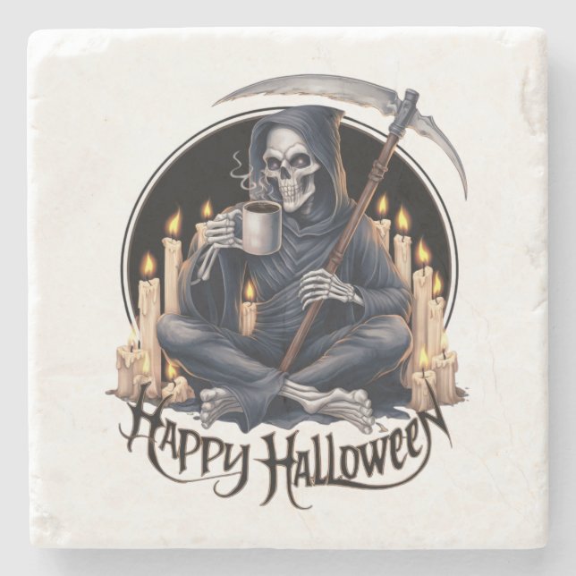 Happy Halloween and a skeleton  Stone Coaster (Front)
