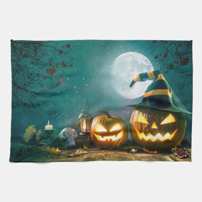 Happy Halloween Art Funny Jack O Lantern Halloween Tea Towel (Horizontal)