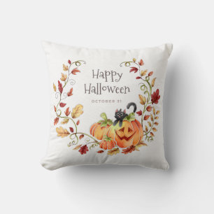 Happy Halloween Autumn Foliage Black Cat Cushion