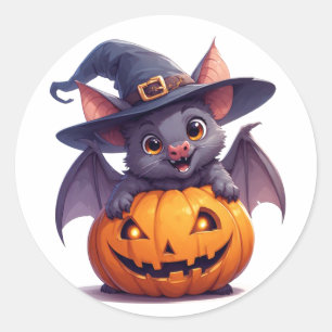 Happy Halloween Bat Holding Pumpkin 🎃 Classic Round Sticker