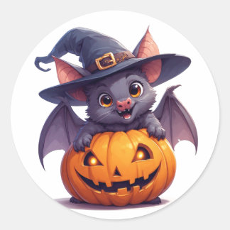 Happy Halloween Bat Holding Pumpkin 🎃 Classic Round Sticker