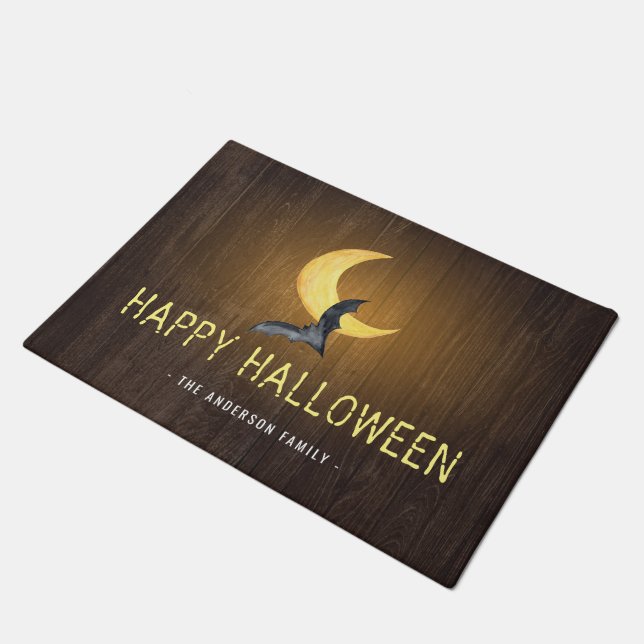Happy Halloween Bat & Moon Rustic Background Doormat (Angled)