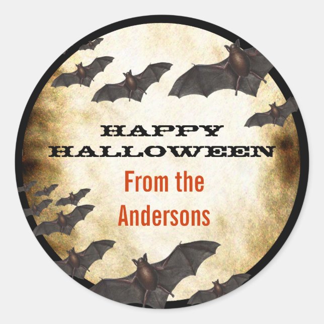 Happy Halloween Bats and Burnt Parchment Classic Round Sticker (Front)