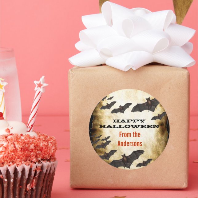 Happy Halloween Bats and Burnt Parchment Classic Round Sticker (Party)