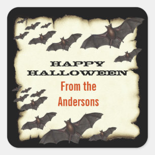 Happy Halloween Bats and Burnt Parchment Square Sticker