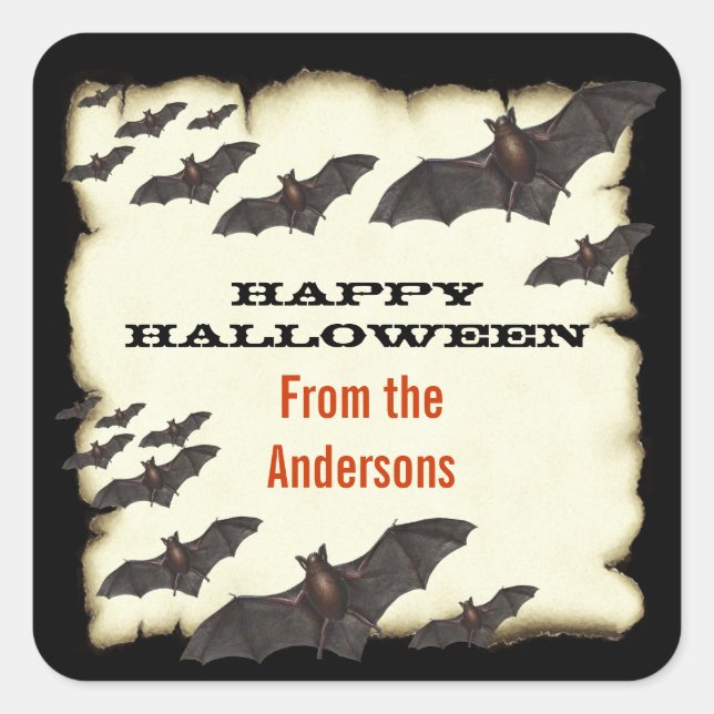 Happy Halloween Bats and Burnt Parchment Square Sticker (Front)