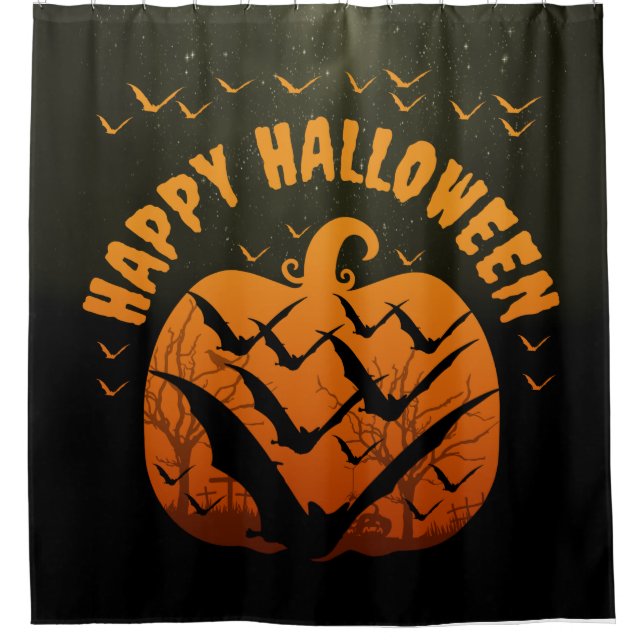 HAPPY HALLOWEEN BATS AND PUMPKIN  SHOWER CURTAIN (Front)