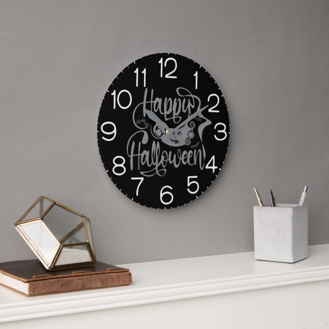 Happy Halloween bats  jack o lantern Large Clock (Office)
