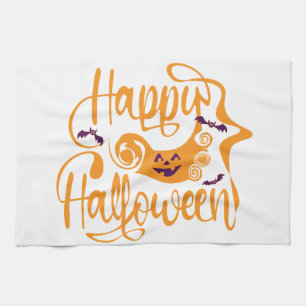 Happy Halloween bats jack o lantern Tea Towel