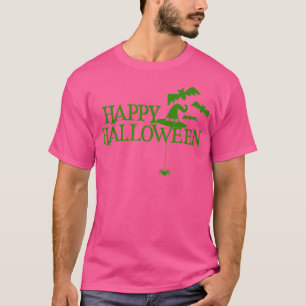 Happy Halloween Bats Spider Witch Hat  Green  T-Shirt