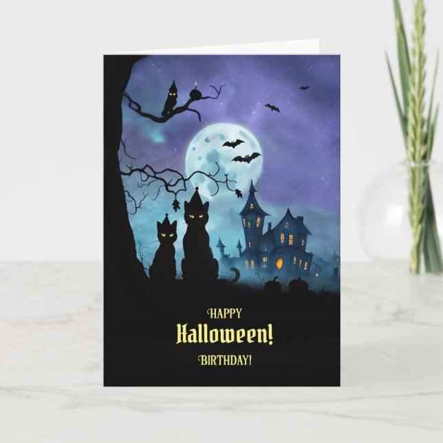 Happy Halloween Birthday with Cute Cats Party Hats Card (Front)