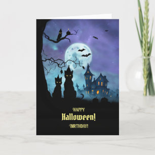 Happy Halloween Birthday with Cute Cats Party Hats Card