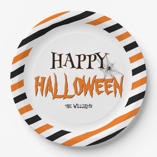 Happy Halloween Black And Orange Pattern Paper Plate (Front)