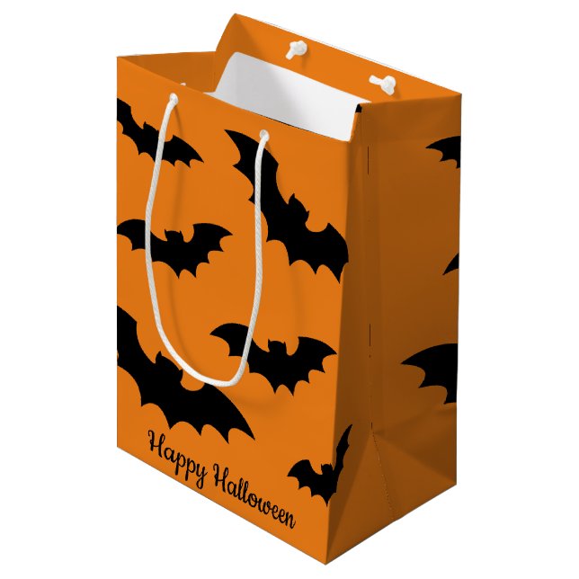 Happy Halloween black and orange spooky bat print Medium Gift Bag (Front Angled)
