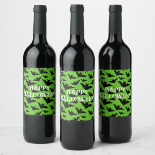 Happy Halloween black bats green spooky pattern Wine Label