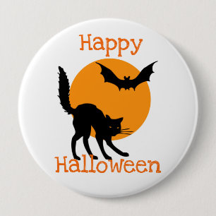 Happy Halloween Black Cat and Bat 10 Cm Round Badge