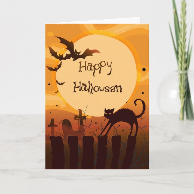 Happy Halloween Black Cat and Bats Card (Front)