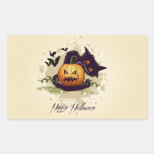 Happy Halloween Black Cat and Jack Rectangular Sti Sticker