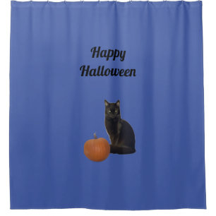 Happy Halloween Black Cat and Orange Pumpkin Blue Shower Curtain