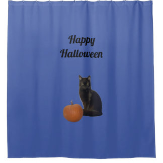 Happy Halloween Black Cat and Orange Pumpkin Blue Shower Curtain