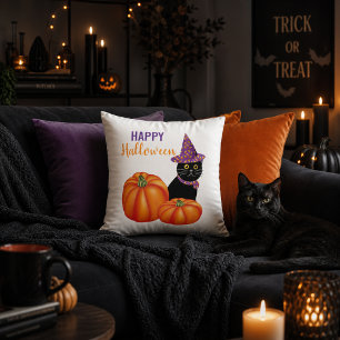Happy Halloween Black Cat and Pumpkins Decorative Cushion