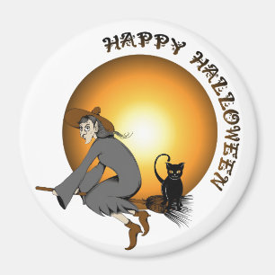Happy Halloween Black Cat and Witch Magnet
