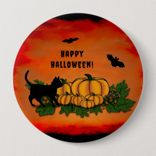 Happy Halloween , Black Cat , Bat and Pumpkin 10 Cm Round Badge