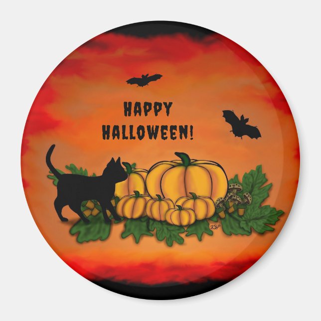 Happy Halloween , Black Cat , Bat and Pumpkin Magnet (Front)