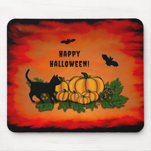 Happy Halloween , Black Cat , Bat and Pumpkin Mouse Pad (Front)