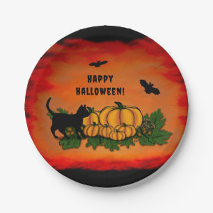 Happy Halloween , Black Cat , Bat and Pumpkin Paper Plate
